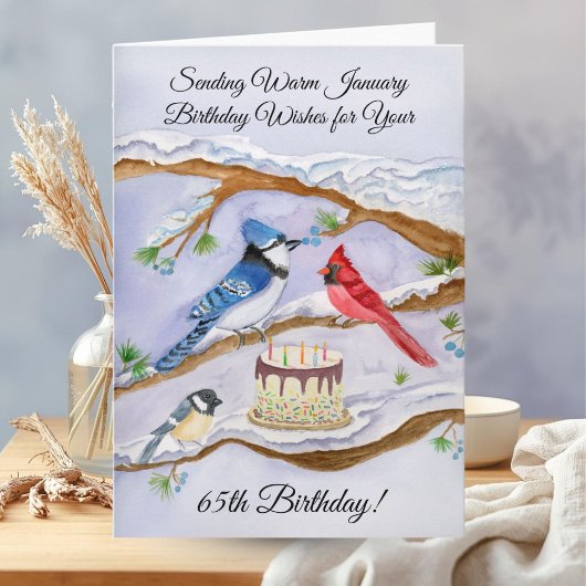 January 65th Birthday Backyard Birds Watercolor Kaart