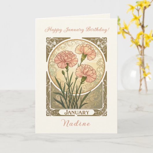 January Birth Flower Pink Carnations Art Nouveau S Kaart (Gele Bloem)