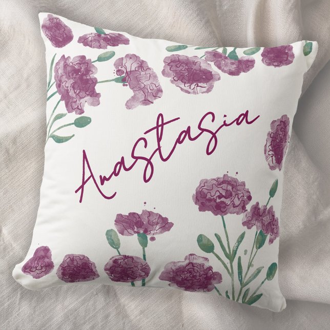 January Birth Month Carnation Personalized Kussen (January birth month flower personalized custom script name watercolor carnation botanical art pillow)