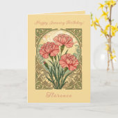 January Birthday Pink Carnations Art Nouveau Style Kaart (Gele Bloem)