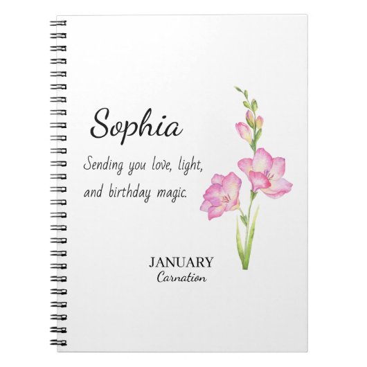 January Carnation Personalized Birthday Notitieboek (Voorkant)