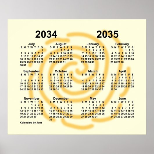Janz 2034-2035 Zonnige Dagen Schooljaar Kalender Poster (Voorkant)