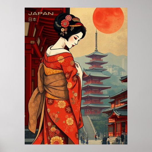Japan 日本 geisha pagode  retro poster (Voorkant)
