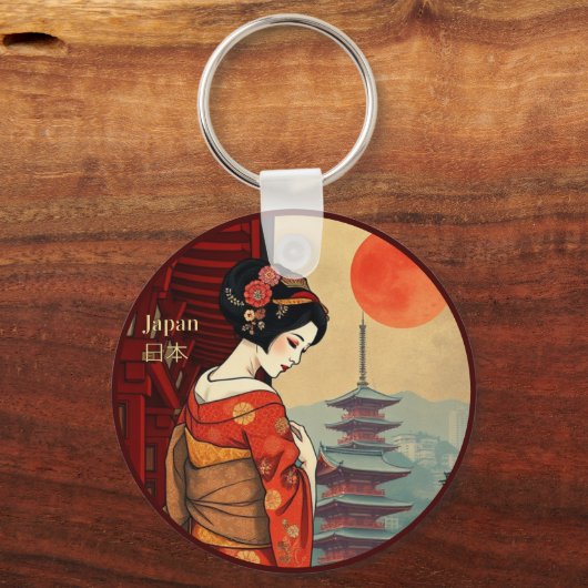 Japan 日本 maiko geisha pagoda zon sleutelhanger (Voorkant)