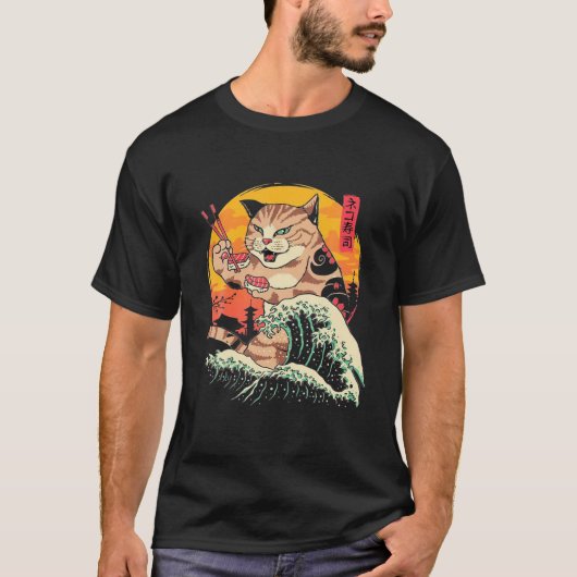  Japan Art Cat Eating Sushi Retro Japans T-shirt (Voorkant)