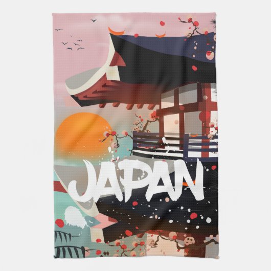 Japan Building setting sun poster Theedoek (Verticaal)