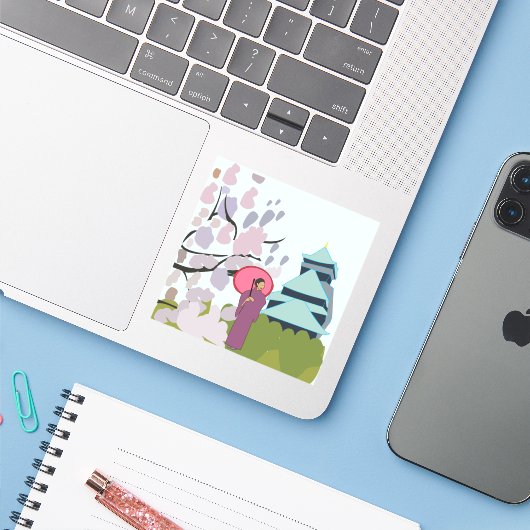 Japan Cherry Blossom Geisha Kimono Sticker (Laptop met iPhone)