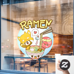 Japan Cute Red Panda Octopus Eat Ramen Restaurant Raamsticker