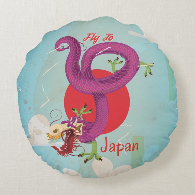 Japan Dragon Klassieke Reisposter Rond Kussen (Achterkant)