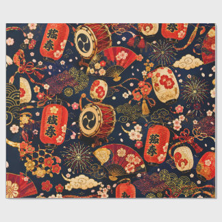 Japan Festival Naadloos Patroon met Lantaarns,  Cadeaupapier