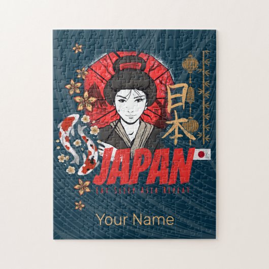Japan Geisha met vlag Koi en Lotus Souve Legpuzzel (Verticaal)
