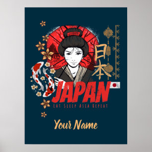 Japan  Geisha met vlag Koi en Lotus Souve Poster