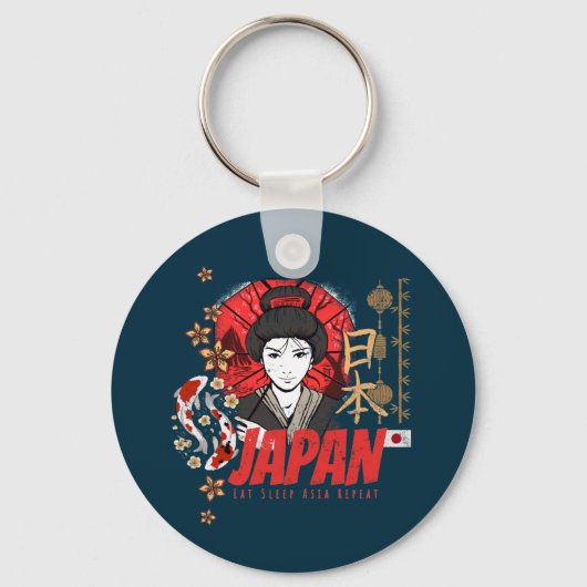 Japan  Geisha met vlag Koi en Lotus Souve Sleutelhanger (Voorkant)