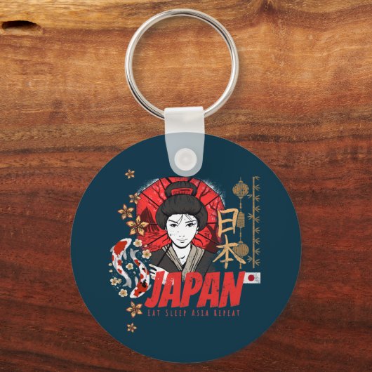 Japan Geisha met vlag Koi en Lotus Souve Sleutelhanger (Voorkant)
