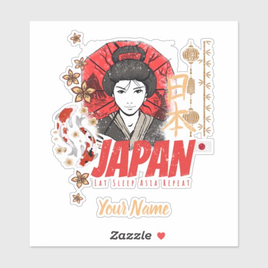 Japan Geisha met vlag Koi en Lotus Souve Sticker (Vel)