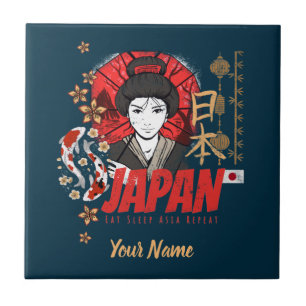 Japan  Geisha met vlag Koi en Lotus Souve Tegeltje
