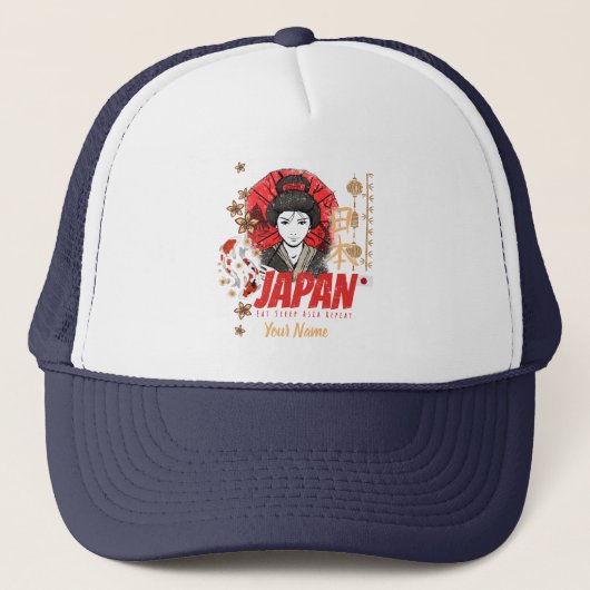 Japan  Geisha met vlag Koi en Lotus Souve Trucker Pet (Voorkant)