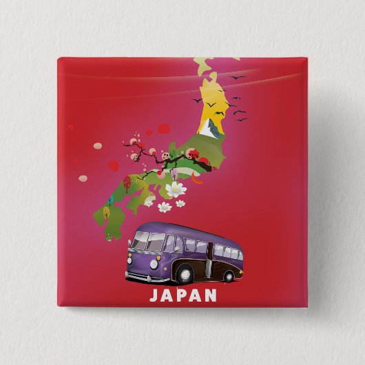 Japan Illustration reisposter. Vierkante Button 5,1 Cm (Voorkant)