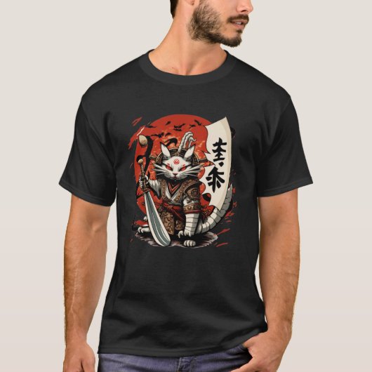 Japan Katten Samurai Warrior Katana Samurai Zwaard T-shirt (Voorkant)