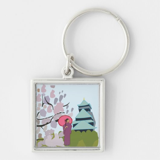 Japan Kersenbloesem Geisha Kimono Sleutelhanger (Voorkant)