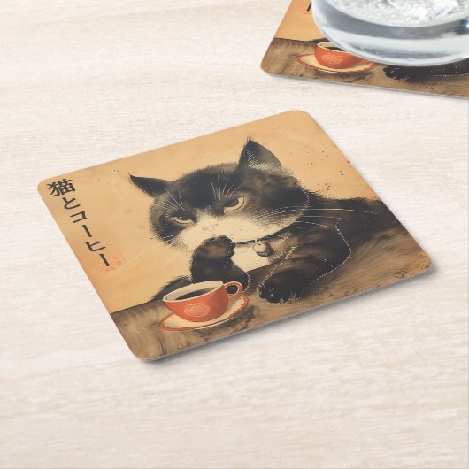  japan kunst schattige kat met een kopje koffie kartonnen onderzetters (Schuin)