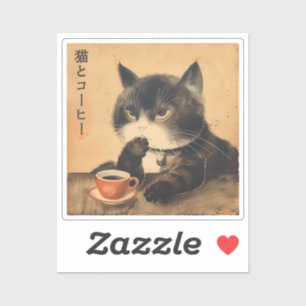japan kunst schattige kat met een kopje koffie sticker
