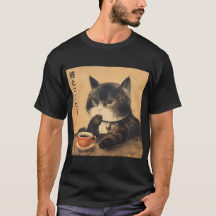  japan kunst schattige kat met een kopje koffie t-shirt