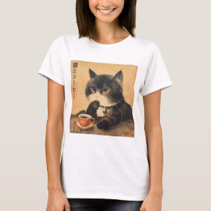 japan kunst schattige kat met een kopje koffie t-shirt