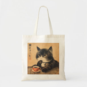 japan kunst schattige kat met een kopje koffie tote bag