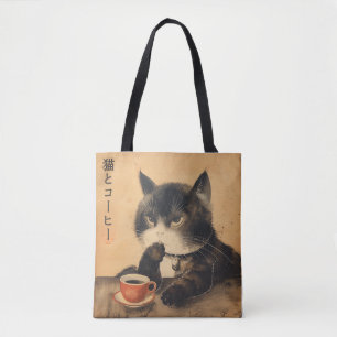 japan kunst schattige kat met een kopje koffie tote bag