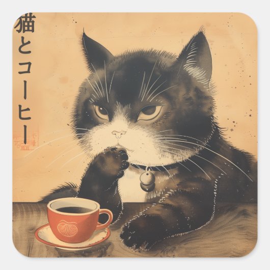  japan kunst schattige kat met een kopje koffie vierkante sticker (Voorkant)