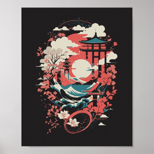 Japan Landschap Rode Zon Pagode & Golven Grafisch Poster (Voorkant)