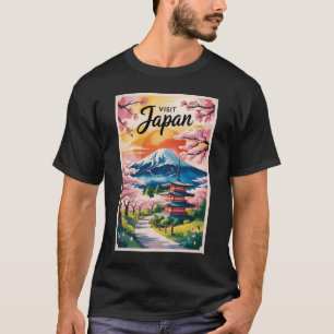 Japan Mount Fuji Illustratie Reis Kunst Vintage T-shirt