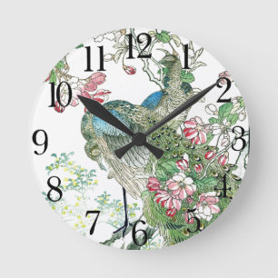 Japan Peacock Birds Crabapple Blossoms Wall Clock Ronde Klok