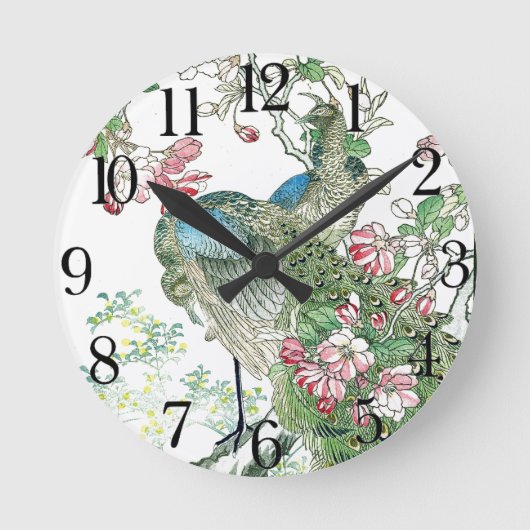 Japan Peacock Birds Crabapple Blossoms Wall Clock Ronde Klok (Voorkant)