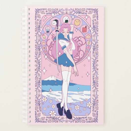 Japan Pink Anime Schoolgirl Art Nouveau Engels Planner (Voorkant)
