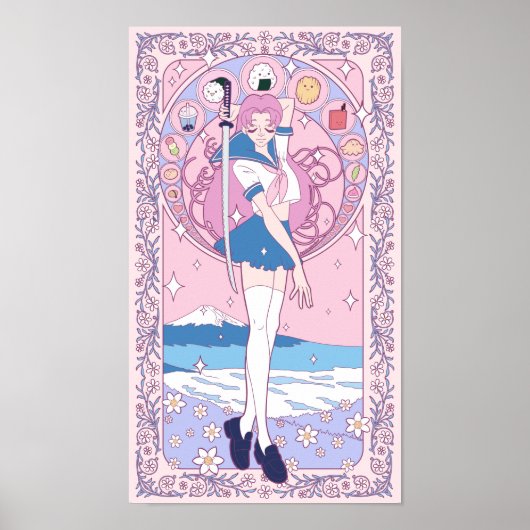 Japan Pink Anime Schoolgirl Art Nouveau Poster (Voorkant)