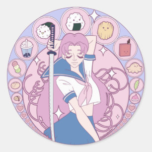 Japan Pink Anime Schoolgirl Art Nouveau Ronde Sticker