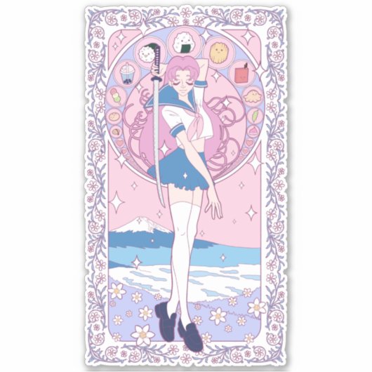 Japan Pink Anime Schoolgirl Art Nouveau Sticker (Voorkant)