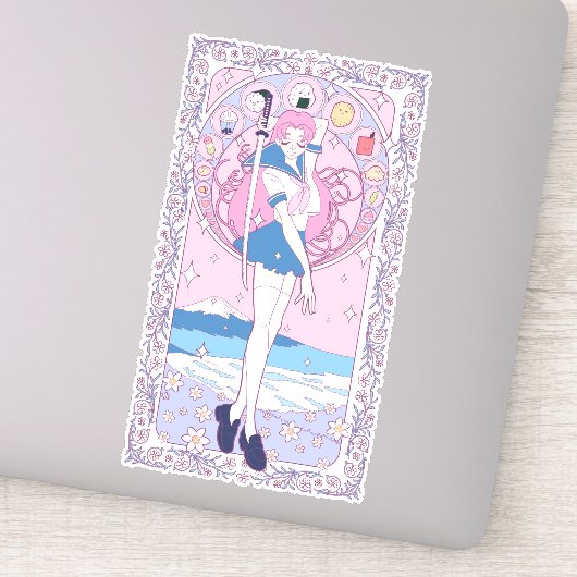Japan Pink Anime Schoolgirl Art Nouveau Sticker (Detail)