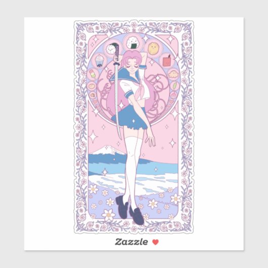 Japan Pink Anime Schoolgirl Art Nouveau Sticker (Vel)