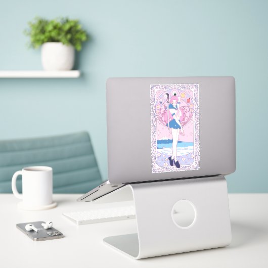 Japan Pink Anime Schoolgirl Art Nouveau Sticker (Laptop op bureau)