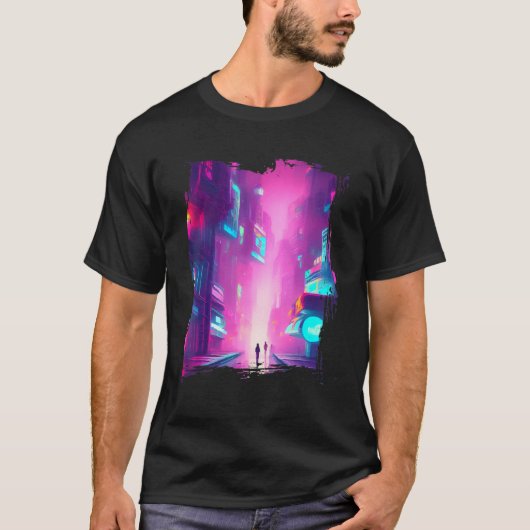 Japan Pink Blue Lights Vaporwave City T-shirt (Voorkant)