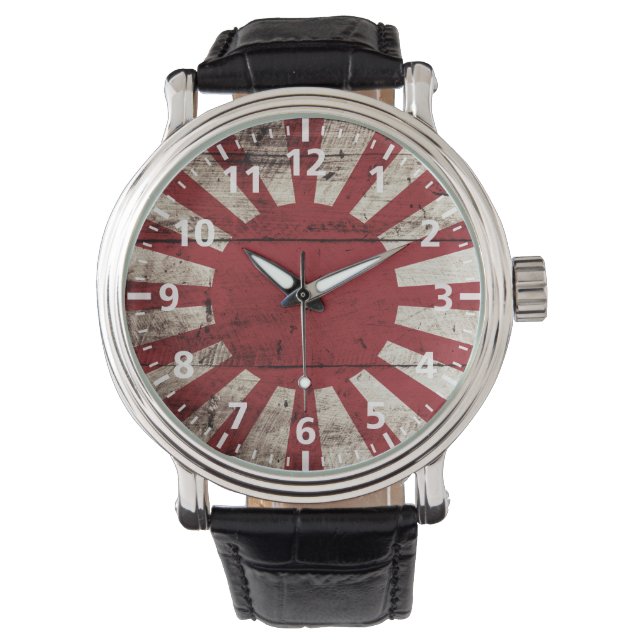 Japan Rising Sun vlag op Old Wood Grain Horloge (Voorkant)