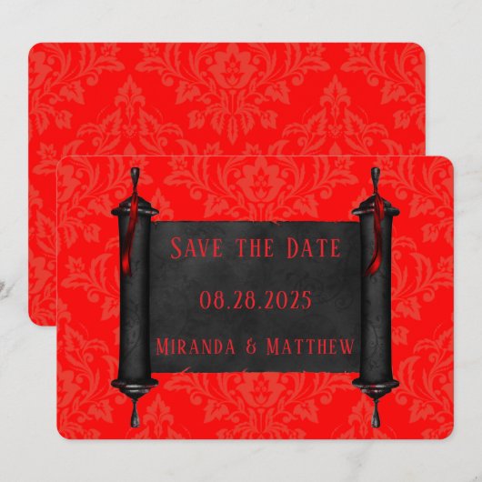 Japan Scroll Rood Zwart Damast Save The Date (Voorkant / Achterkant)