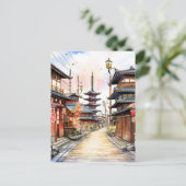 Japan straat gezellige lente waterverf briefkaart (Staand voorkant)