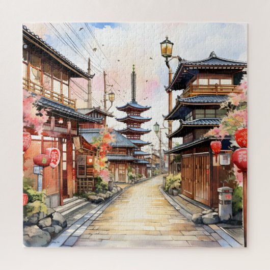 Japan straat gezellige lente waterverf legpuzzel (Verticaal)