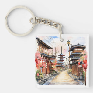Japan straat gezellige lente waterverf sleutelhanger