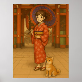 Japan Stroll – Kimono Girl en Shiba hondenkunst Poster