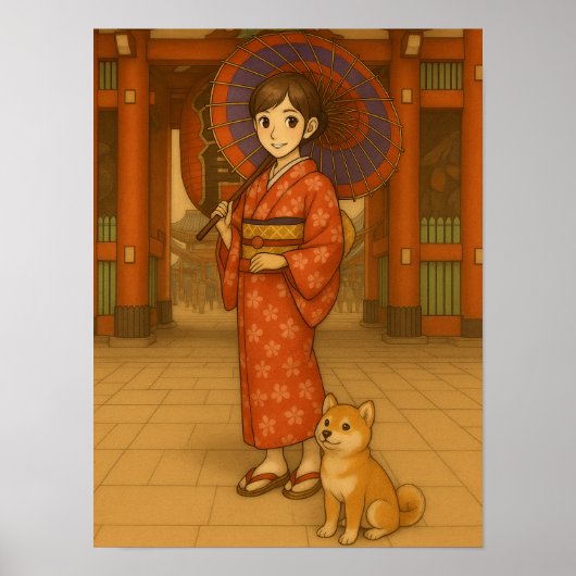 Japan Stroll – Kimono Girl en Shiba hondenkunst Poster (Voorkant)